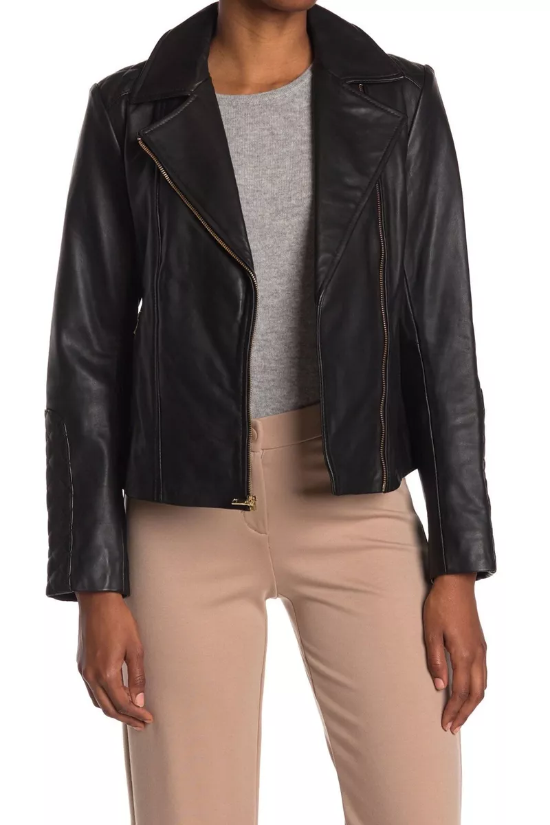 NEW Cole Haan Women's Leather Quilt Trim Moto Jacket - Black - XS | eBay