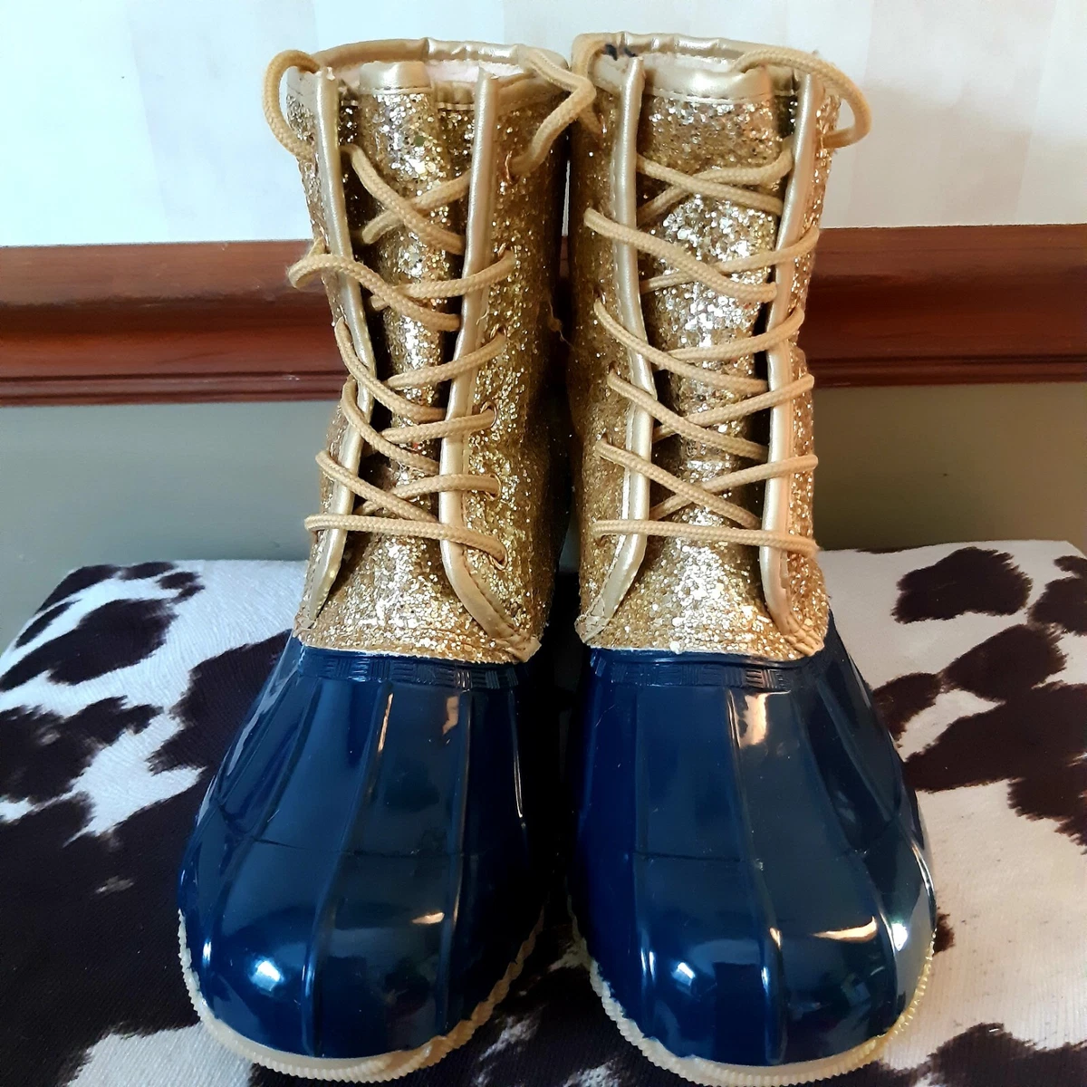 SUGAR Skylar Blue Gold Glitter Duck Boots Size 8 eBay