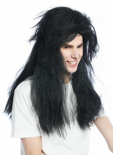 Peluca Carnaval 80er Pelo Metal Rock Duro Heavy Metal Goth Melena Mate Negro - Imagen 5 de 6