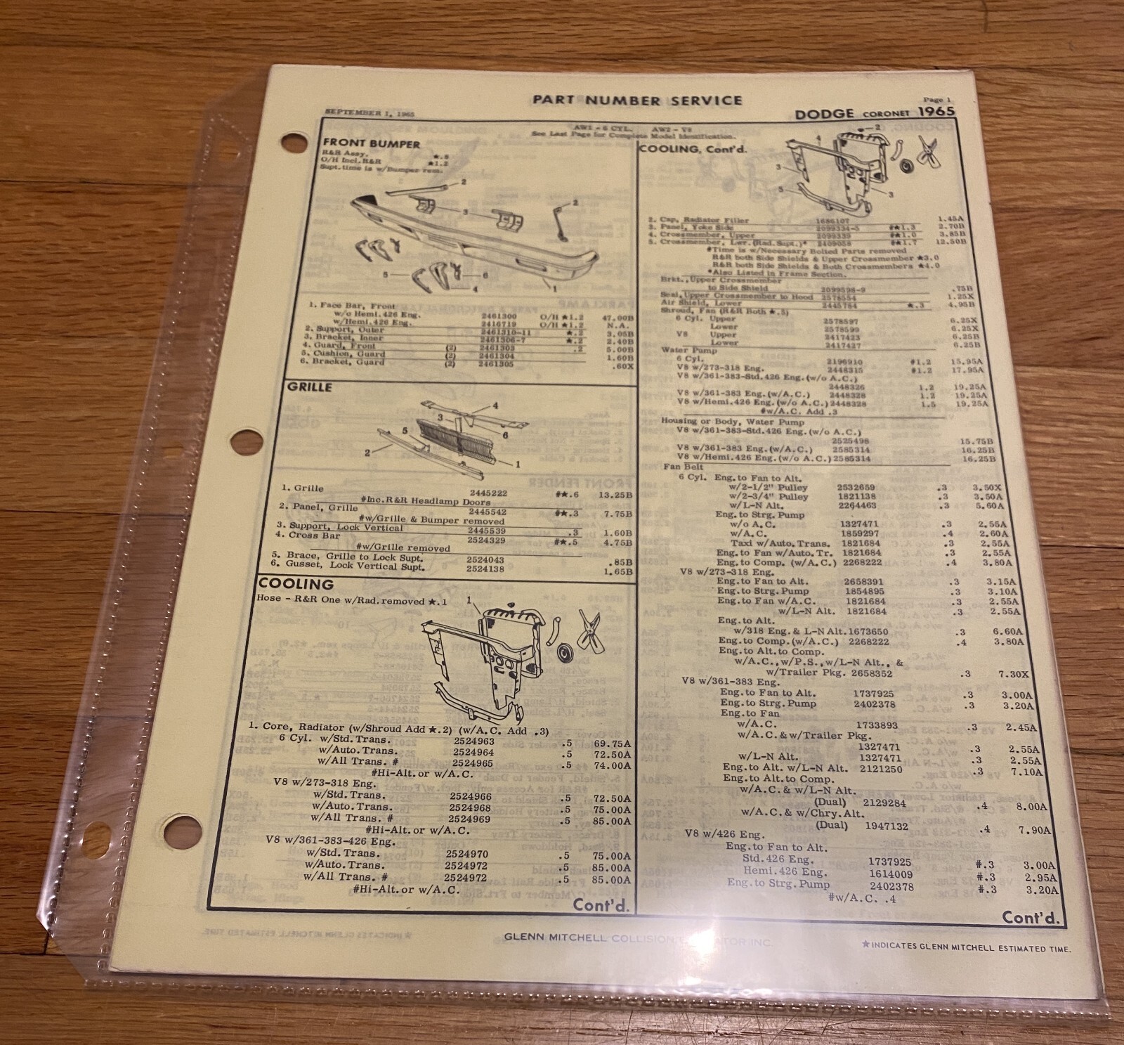 1965 Dodge Coronet Parts Book with Part Numbers for 440/500 Mopar Engines