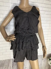 Romper Drawstring Waist and Ruffled V Neck Size Large Gray  Button Up NWT