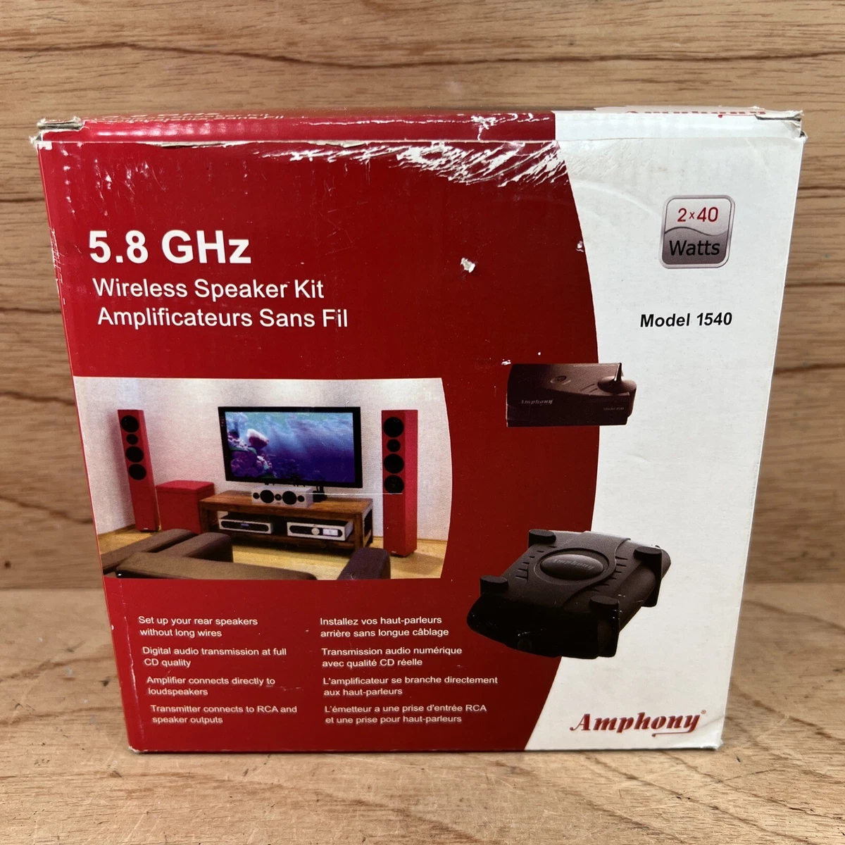 Amphony Model 1540 Wireless Speaker Kit With Audio Transmitter Reciver 5.8Ghz