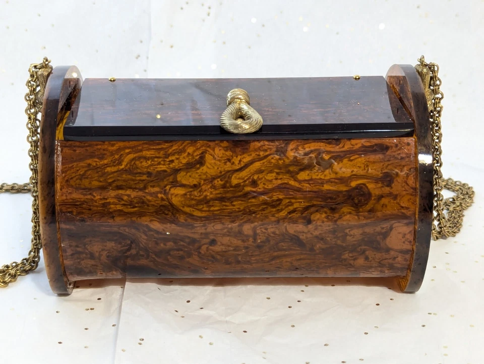 Vtg Rialto Bklyn NY Lucite Wood Grain Purse Handbag Barrel Cocktail Chain Strap - Image 2 of 4