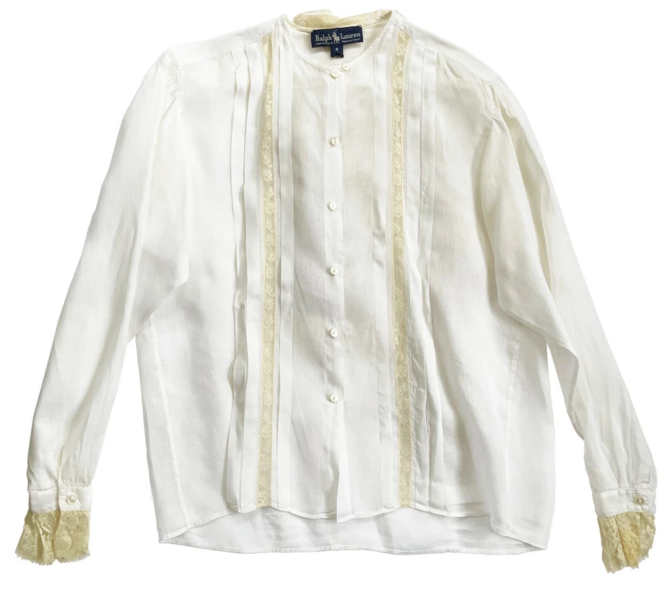 复古 RALPH LAUREN 爱德华衬衫象牙亚麻花边纽扣前 L/S 尺寸 8