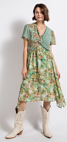 New GIGIO Size S M L Green Floral Dot Print Twist Waist Asymmetrical Dress - Picture 8 of 20