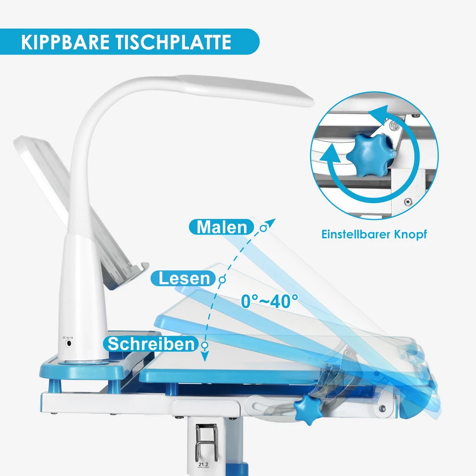 Kinderschreibtisch Schülerschreibtisch Verstellbar Neigbar mit Stuhl&Lampe Blau - Bild 4 von 4