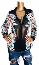 AB Studio M Top NWT $44 Sheer Floral Button Up Shirt Collar Long Slvs Blouse