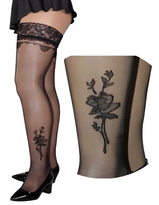 JUST BEAUTY TOUCH Size Plus Patterned Hold Ups with a Spectacular Rose Tattoo Pattern 20den