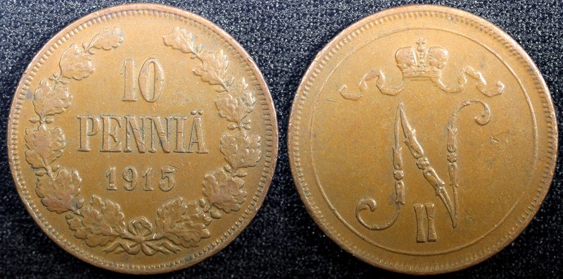 Finland Nicholas II Copper 1915 10 Penniä Mintage-420,000 XF KM# 14 (23 033)