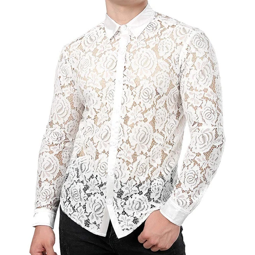 T-shirt maglietta uomo maglia pizzo trasparente floreale trasparente con bottoni nuova moda - Foto 6 di 14
