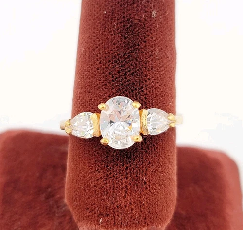 Vtg Sz 7 Ring Cocktail Vermeil 925 Silver Oval Teardrop Cubic Zirconia Jewelry