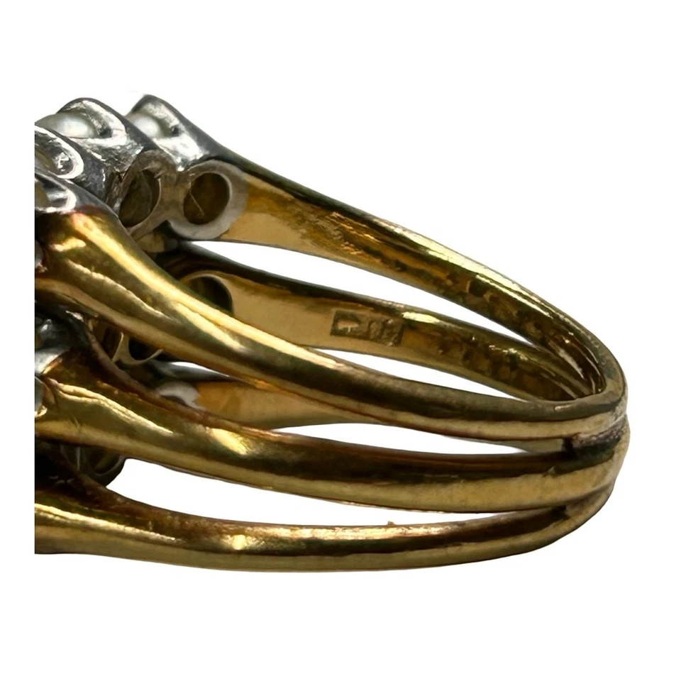 18K Gold Pearl & Diamond Ring Vintage Cluster Cocktail Design size 6 - Image 2 of 4