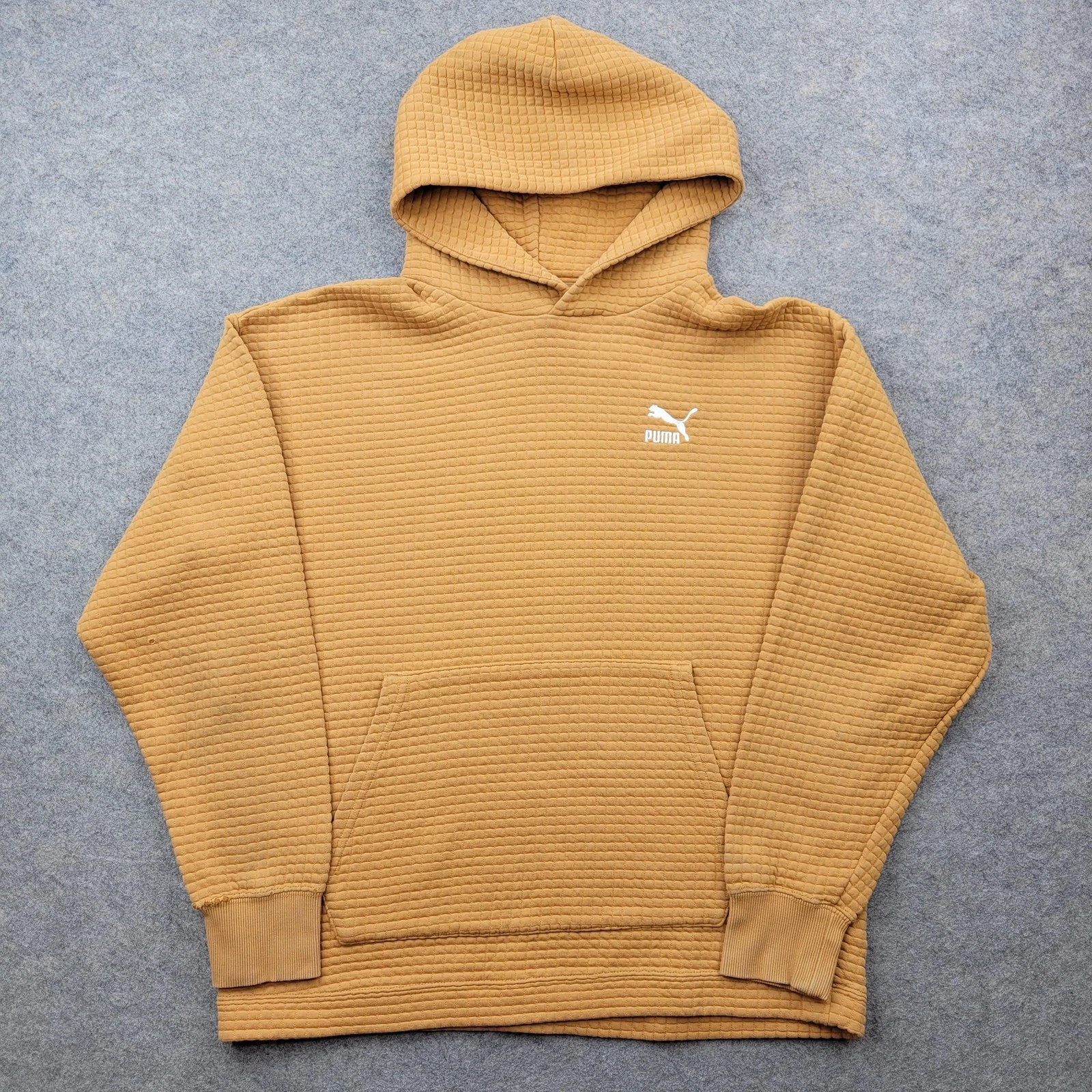 Puma Hoodie Mens Medium Brown Waffle Knit Thermal Pullover Sweatshirt Logo