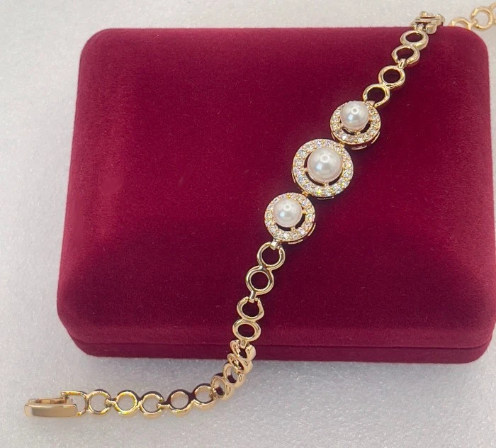 Luxus Perlen Armband Perle Zirkonia 750er Rolled Gold 18K vergoldet 18-19,5cm - Bild 3 von 4