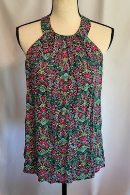 Womens 100% Rayon SOFT Floral Halter Swing Tank Top M Green Antibes blanc
