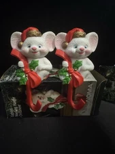 Vintage White Lighted Mouse Christmas Stocking Holder Hanger Ornament NOS PAIR