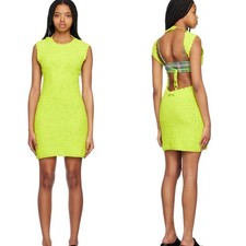 NWT Ganni Women Dress Neon Green Open Back Crochet Scalloped Dress Size M