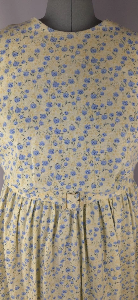 Vtg Dress Women 1X 20W  Yellow Blue Floral Belted Light Flannel Cottagecore Midi - Image 2 of 4