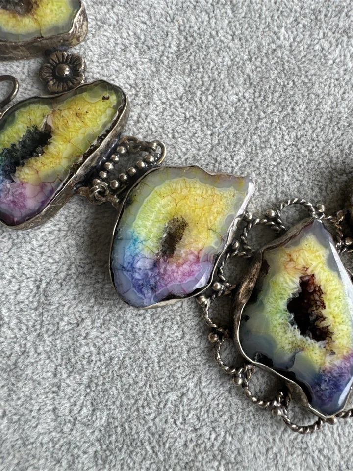 "Collar bohemio chapado en plata con piedras preciosas druzy de cuarzo solar arco iris joyería 24""" Foto 4 de 4