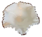 Vtg Fenton Silver Crest Crimped Ruffled Edge Milk Glass Footed Candy Dish/ Bowl