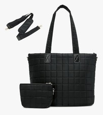 Large Black Quilted Tote Bag with Adjustable Strap, Pouch, Multi-pocket