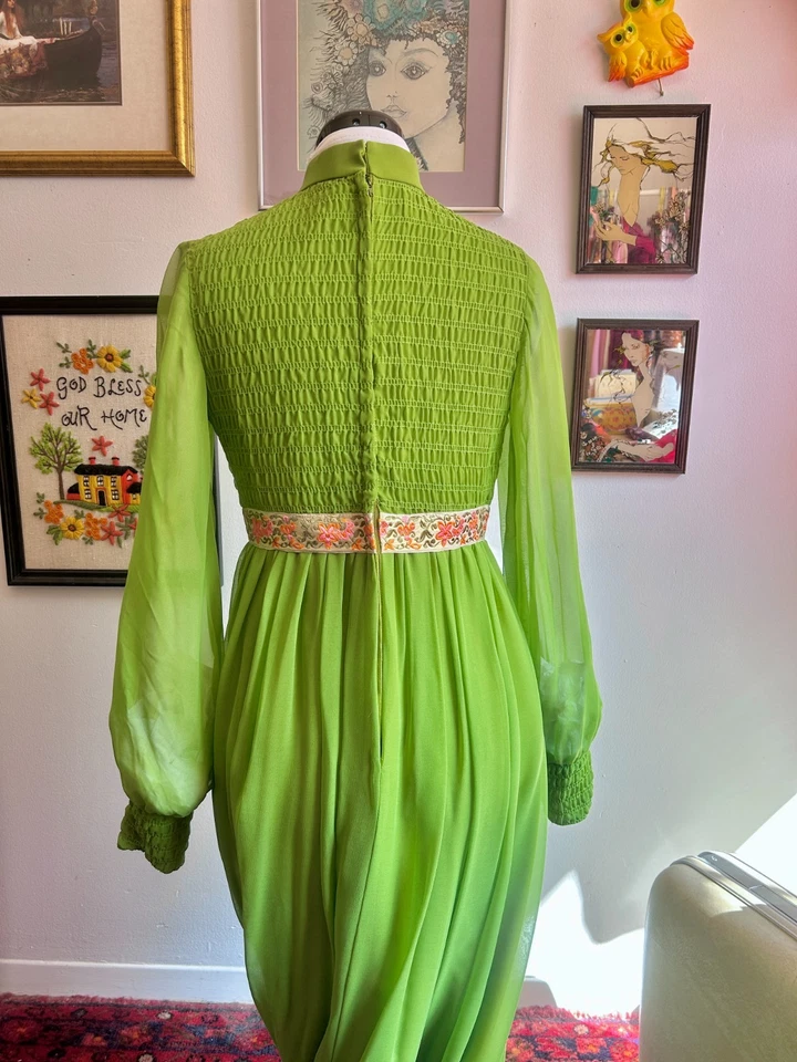 Maxi Vestido Vintage Años 70 Chartreuse Gasa Vestido Boho Victoriano Renacimiento Medieval Foto 3 de 4