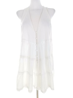 REPEAT Damen Popover Tunika Bluse Gr. L Weiß Baumwolle 100% Ärmellos Knöpfe