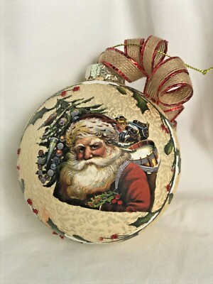  Glass Santa Ball Ornament Distressed Multicolor 