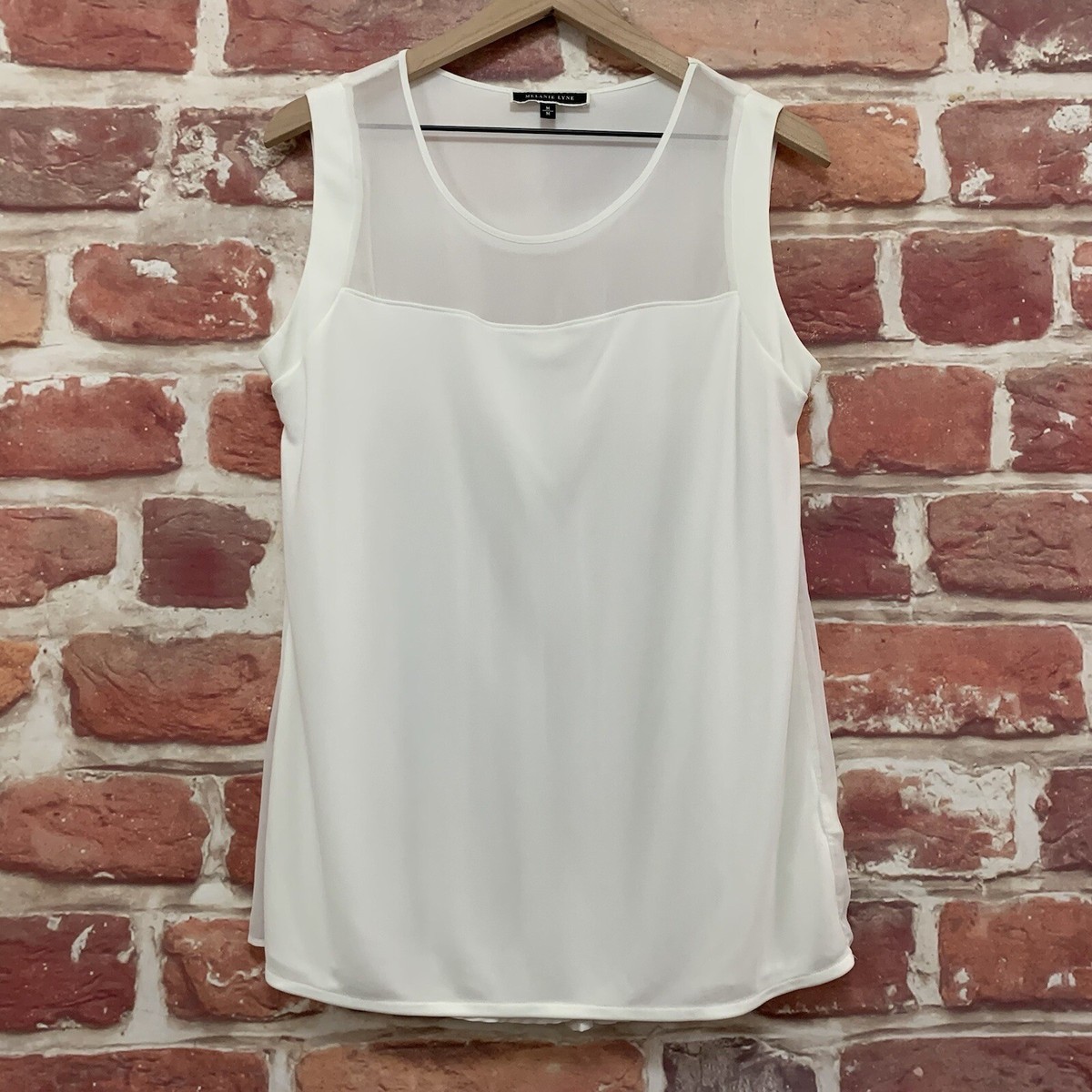 Melanie Lyne Top Womens Medium Cream Pleated Back Sheer Pullover Sleeveless