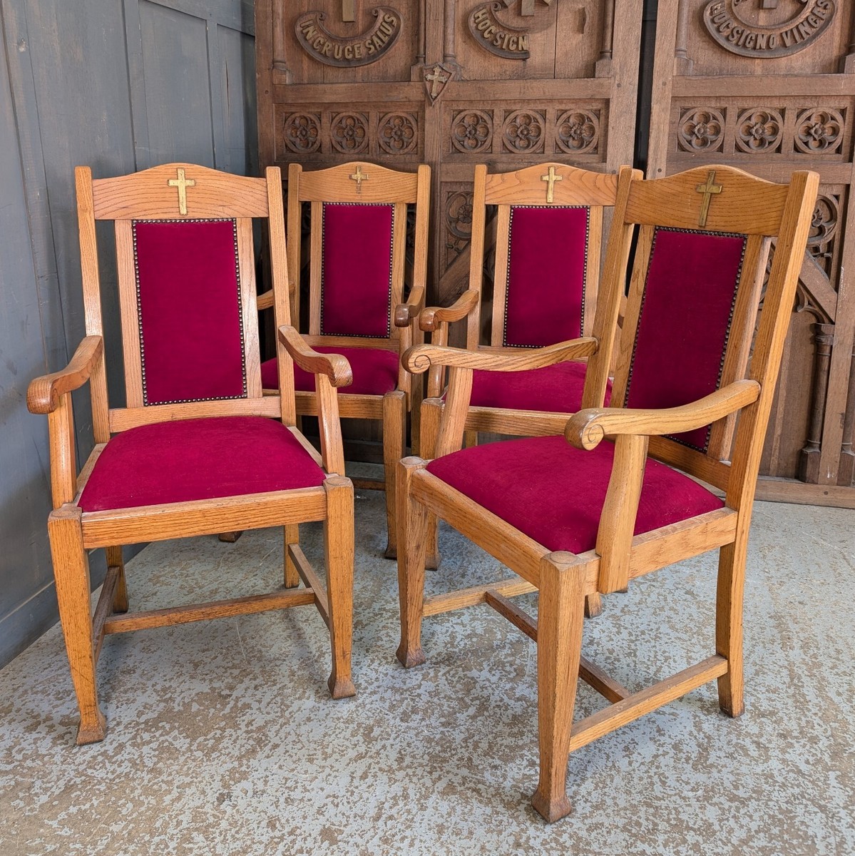 Set of Well Made Mid-Century Oak Red Upholstered Clergy Chairs