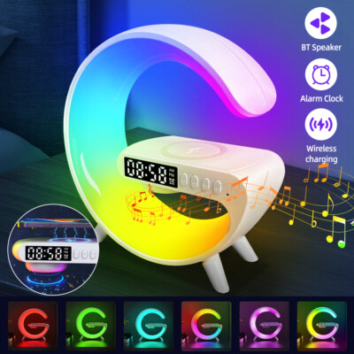 LED Desk Lamp Night Light Wireless Charger Alarm Clock w/Bluetooth Speaker 15W