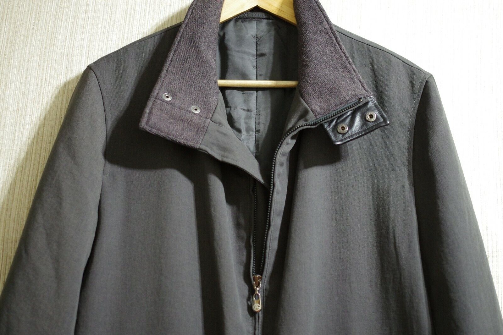 Armani Collezioni Gray Leather Trim Polyester Rayon Men Zip Car Coat IT.46