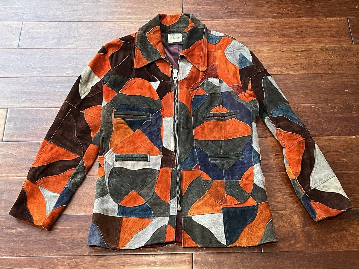 VTG Bad Leather Orange Blue Mens 42 Color Block Patched Zip Pocket