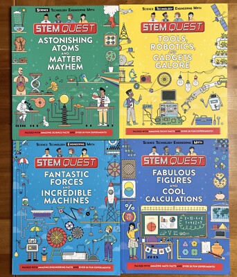 Lot of 4 STEM Quest Books, Atoms, Robots, Machines, Figures PB 2018
