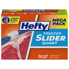 Hefty Quart Size Slider Freezer Bags 74 Count Leak Proof BPA Free Food Storage