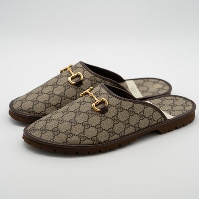 size 13G 13.5 US Gucci Horsebit GG Mule Slippers Canvas Beige Brown