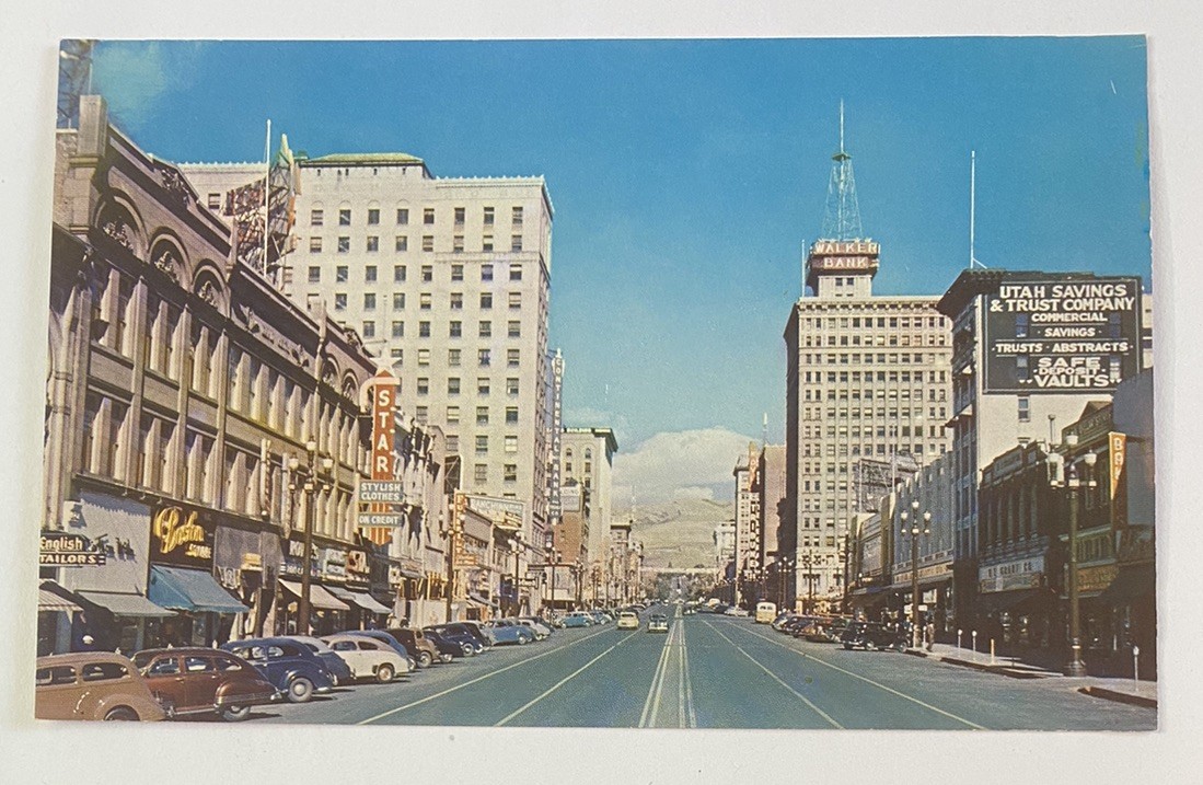 Vintage Postcard ~ Looking Down Main Street, Old Cars ~ Salt Lake City Utah UT