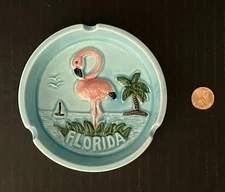Vintage Round Ceramic Florida Ashtray Light Blue Water Scene with Pink Flamingo