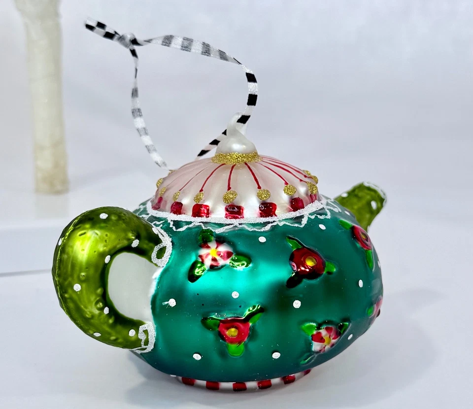 Mary Engelbreit ME Tetera Vidrio Tinta Adorno Pintado a Mano Floral Borde Dorado Foto 3 de 4