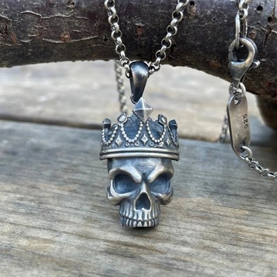 Gothic King Skull Oxidized Necklace 925 Sterling Silver Necklace Duty Free