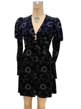 Vintage Young Edwardian Dress Black Cosmic Mini Puff Sleeves B&W Print Small