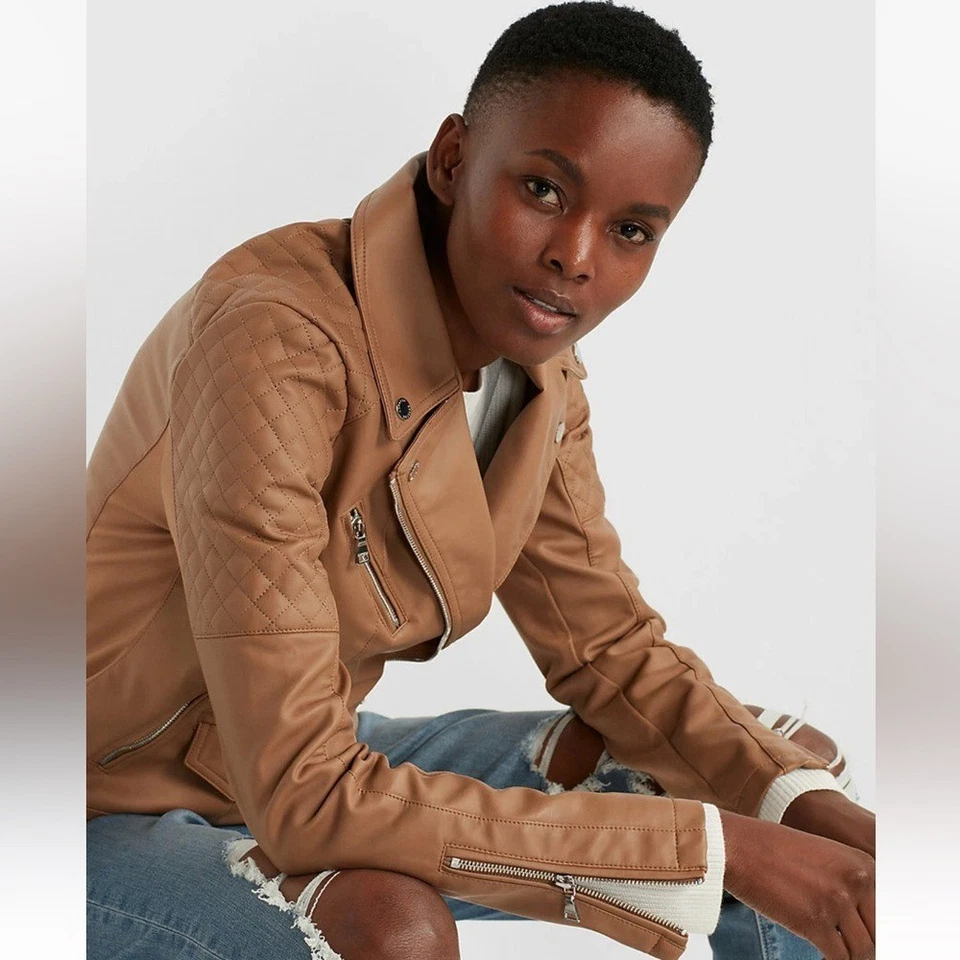 Express (menos) el cuero acolchado moto miel marrón cremallera chaqueta talla M Foto 2 de 4