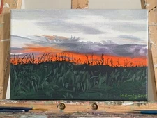 Painting Original, Landscape, Sunset From Sun IN Dordogne, Oil Canvas, 24 x 16