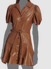 ALICE + OLIVIA FAUX LEATHER CAMEL BROWN BELTED A LINE DRESS SIZE 2 $465