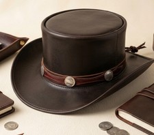 Black Leather Cowboy Hat Western Outback Wide Brim Mens Vintage Concho Band Rode