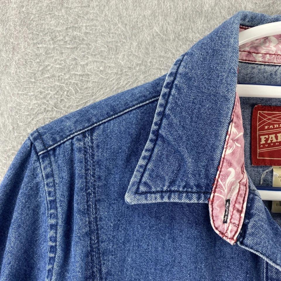 Camisa de mezclilla a presión forrada floral lavado oscuro Farm Girl XL manga larga algodón Top Foto 4 de 4