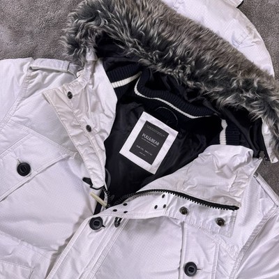 Pull&Bear Real Down White Puffer Jacket Fur Trim Hooded XL Y2K FW2010 Winter