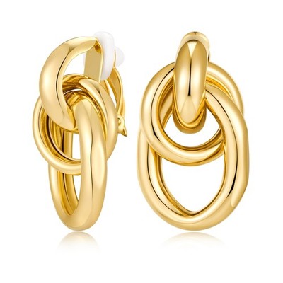 Golden Geometric Clip On Earrings for Women Chunky Knot Link Clip Earrings Trend