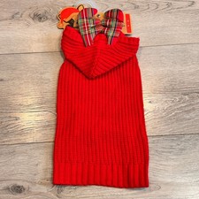 Pup Crew Dog Apparel Red Hooded Sweater Vest with Plaid Reindeer Ears Small S