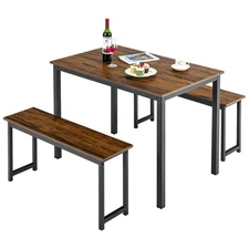Modern 3 PCS Dining Table Bench Set w/ Metal Frame & Wooden Tabletop Brown